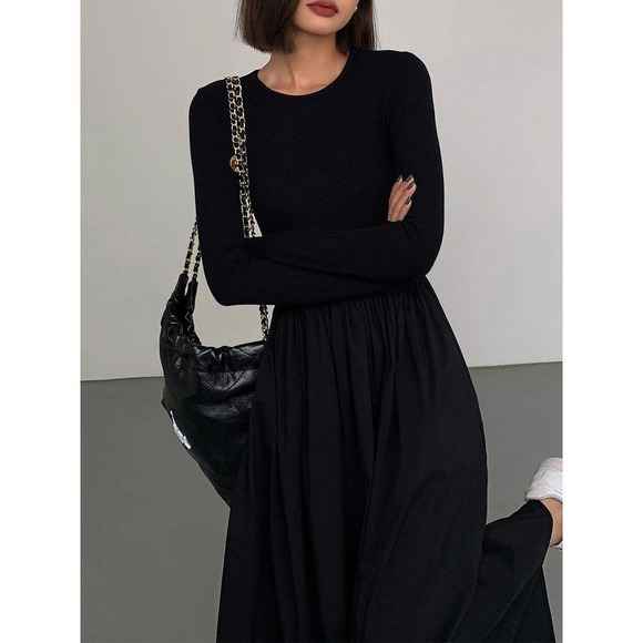 Commense Long Sleeve Maxi Dress Pockets A‎ Line Casual Elegant Black Dress M - Picture 2 of 6